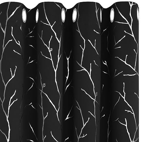 BUHUA 2er Set Vorhänge Lichtundurchlässig, Verdunklung Ösenvorhang mit Muster Zweig, Thermogardinen für Schlafzimmer, Schwarz 160x132cm(HxB), 2 Stück