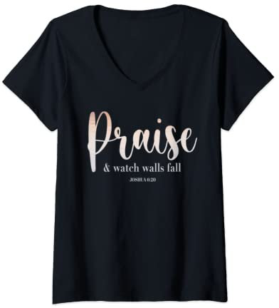 Damen Christliche Anbetung Lob Uhr Giants Fall Faith In God T-Shirt mit V-Ausschnitt