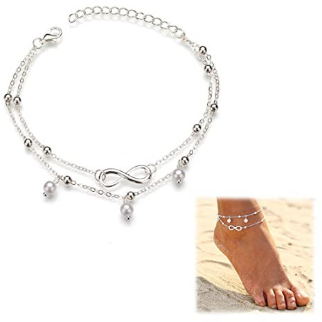 AIQPZ Silbernes Unendlichkeitszeichen Fußkettchen,925 Sterling Silber Doppeltes Längenverstellba Fußkettchen Titanium Stahl Glocke Fußkettchen Edelstahl Bohemian Fußkettchen Strand Damen