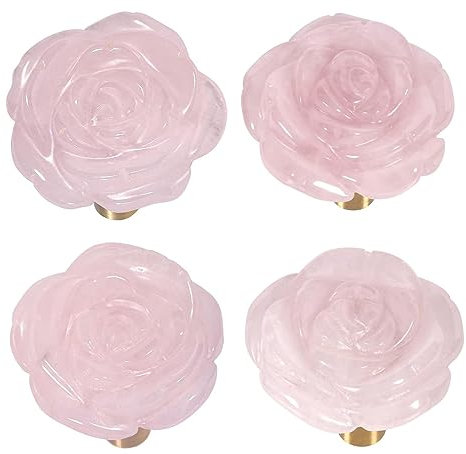 mookaitedecor Satz von 4 Rosenquarz Rose Blume Schrankknöpfe mit Schrauben, dekorative florale Möbel Hardware Dresser Stein Schublade Griffe zieht für Home Kitchen