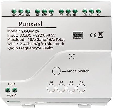 Punxasl 4CH Smart Relay Switch Module WiFi Control Interruptor Tuya Smart Life, Voice y 433MHz RF Remote Control Module Compatible con Alexa y Google Home USB 5V AC/DC 7-32V