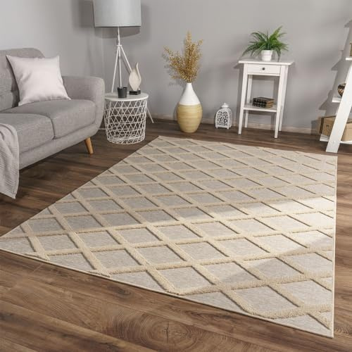 TT Home Wohnzimmer Teppich Esszimmer Kurzflor Skandi Design Rauten Deko 3D Weich, Farbe:Dunkelcreme Beige, Größe:60x100 cm