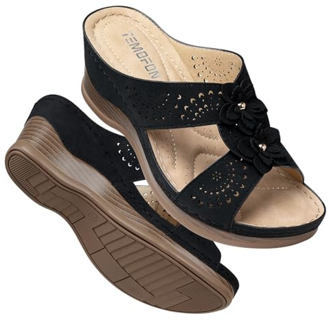 TEMOFON Womens Wedge Sandals Leather: Comfortable Shoes Black Size 8