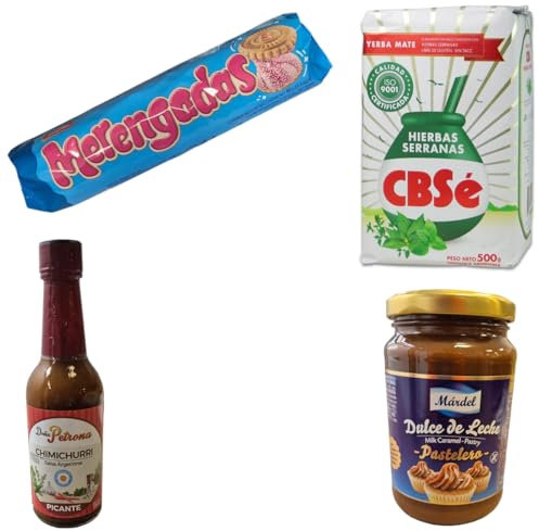 Set Deluxe de Productos de comida Argentina | Yerba Mate Hierbas Serranas CBSé, Dulce de Leche Pastelero de 450 gr Mardel y 1 paquete de Galletas Chocolinas y Chimichurri Picante Doña Petrona