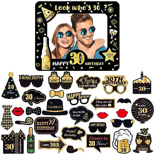Black Gold 30th Birthday Party Decorations With Giant Inflatable Selfie Frame and 32pcs Photo Booth Props for Women Men Ladies Him Her Gifts