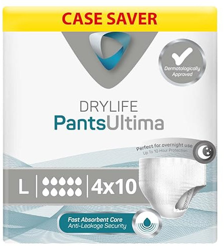 Drylife Pants Ultima Einweg-Inkontinenzhöschen zum Klimmzügen, Unisex, 3000 ml Saugfähigkeit, Schutz über Nacht, auslaufsicher, atmungsaktives Material - Gr. L (4 x 10 Stück)