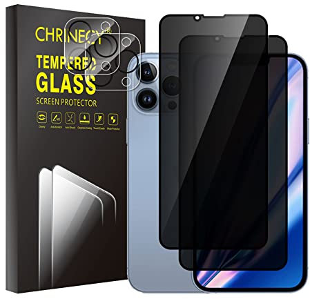 CHRINECY [4 Pack] 2 Pack Privacy Screen Protector for iPhone 13 Pro max with 2 Pack Camera Lens Protector, Double Protection Tempered Glass Film, 9H Hardness, Anti Spy Anti Peeping