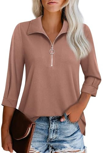 Cuptacc Pullover Damen Herbst 3/4 Ärmel V-Ausschnitt Shirts Half Zip Slim Fit Poloshirts für Damen Dunkelrosa Mittel M 38-40