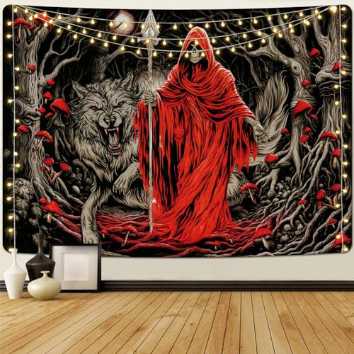 Invoibler Wandteppich mit Totenkopf, Gothic, Pilz, Mond, Skelett, Blumen, Horror, Wald, für Schlafzimmer (150,1 x 210,1 cm)