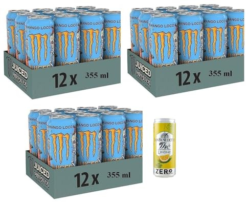 36er-Pack Monster Mango Loco Energy Drink,Erfrischender alkoholfreier Energiegetränk mit Exotischer Geschmack,355ml Einwegdose + 1er-Pack San Benedetto Eistee mit Zitrone Ohne Zucker 330ml Dose