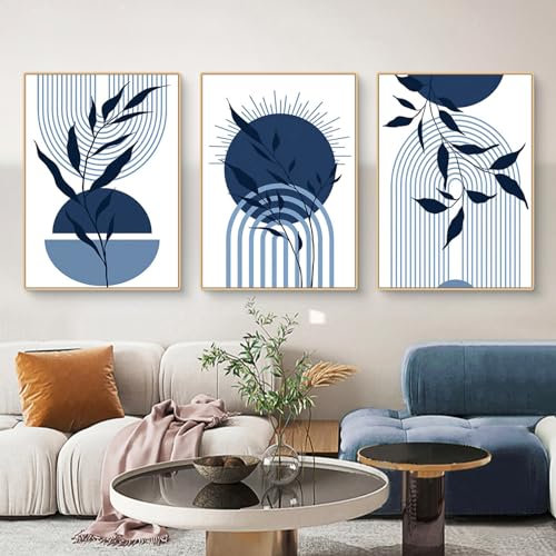 Martin Kench 3er Boho Bilder Set Moderne Poster Set Abstrakt Blau Pflanze Blätter Wandbilder Wohnzimmer Leinwandbilder Wandposter Wohnzimmer Schlafzimmer Decor (L,30x40cm)