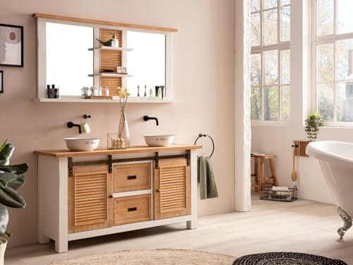 Woodkings Badset Capera | Waschtisch mit Spiegel aus Holz Weiß | Rustikaler Landhausstil im Badezimmer | Badschrank mit Schiebetüren