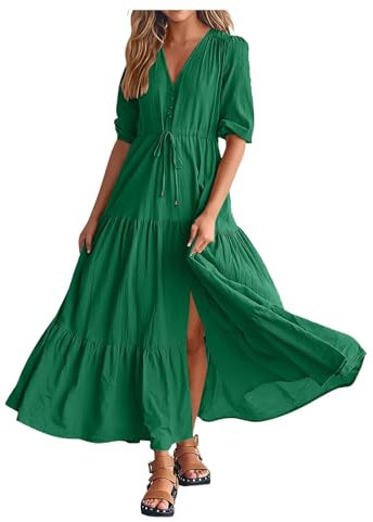 Générique Robe Longue Femme ete Boheme Chic Mariage invité Robe de Plage Femme Fluide Legere Maxi Robe Fendue Femme col v Manche Courte Simple Unie Robe Vintage Femme Retro Casual Vacances (Green, M)