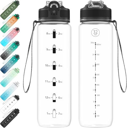 EYQ 1L Water Bottle, 1 Litre Water Bottle with Straw, 32oz Leak-Proof Motivational Sports Drinks Bottle with Time Marker, Tritan BPA-Free, Drinking Waterbottles for Fitness, School, Gym Outdoor Sports