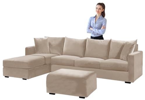 SYLC Samt Couch überzug L Form Sofabezug Ecksofa, Sofa Cover L Shape Stretch Mit Sitzkissen Rückenlehne, Universal Sofaüberwurf Waschbar (Khaki,Sofabezug 140-185cm)