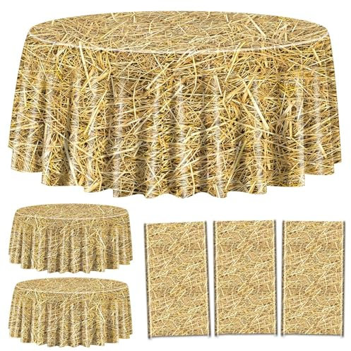 3 Manteles de Paja - 213cm Mantel Redondo de Paja Impermeable Mantel de Granja Pilas de Heno para Decoración de Granja Fiesta Vaquero Western Fiesta Temática Suministros