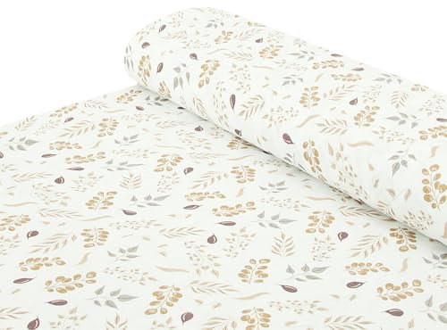 Baumwoll - Musselin Stoff Zweige Bläter beige - Meterware ab 25 cm x 140 cm - Stoff zum Nähen