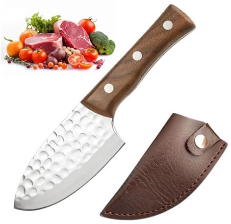 LMJIAANPU Chef Knife 4 Inch BBQ Knife Meat and Fruit Knife High Carbon Steel Stainless Steel Pocket Kitchen Knives with Wood Handle and Leather Sheath for Home, Restaurant and Camping