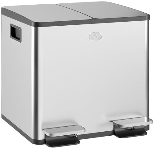 HOMCOM Doppelter Küchenmülleimer, 2 x 15 l, Treteimer aus Edelstahl, 2 Soft-Close-Deckel, herausnehmbare Inneneimer und Anti-Fingerabdruck-Griffe, 41,7 x 36,6 x 43,2 cm