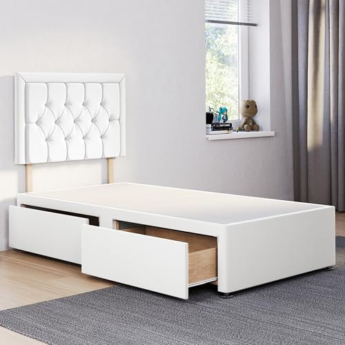 ComfoRest - Chic 3FT Single Divan Bed with 2 Drawers, 24 Sarah Headboard – Practical Single Bed with Storage and Durable Divan Base for Stylish Homes (White Plush)