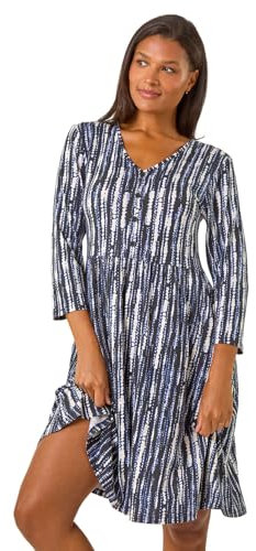 Roman Stretchy Dress for Women UK Ladies Pockets Gathered Waist Ruched Chest Midi Holiday Spring Summer V Neckline Evening Vacation Work Party Going Out Soft - Black Blue - Size 12