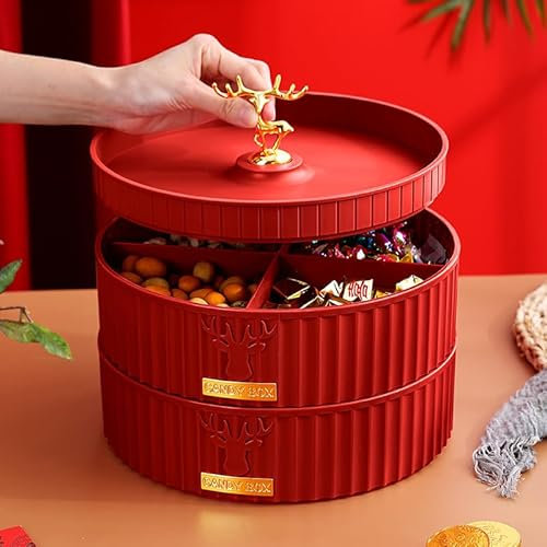 JIMCOM 2 Layer Detachable Snack Bowl, The Snack Tray Rotates 360 Degrees，Elk Decorated Tray, Reusable Open Chips, Candy, Holiday Party Christmas New Year Red Snack Tray