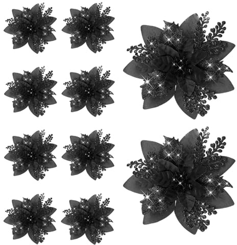LeeQinersw 10 Stück Weihnachtsglitzerblumen Weihnachtsglitzer künstliche Blütenornamente Weihnachtsbaumschmuck DIY für Hochzeit, Neujahr, Party, Grab, Kamin, Girlanden, Schwarz