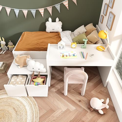 LTGB Kids Single Bed with Desk and Drawers, 3ft Kids Wooden Bed with Storage, Single Bed with Slatted Frame, Lying Surface for Teenagers, Adults and Boys Girls, No Mattress, 90 x190 cm, White