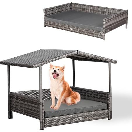 ULTRALAX Wicker Dog House Raised Rattan Dog Bed for Indoor/Outdoor with Weatherproof Roof and Removable Cushion Lounge (GREY, Medium)