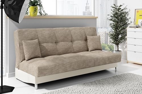 LIKMA Ausziehbar 3 Sitzer Sofa Togo Capuccino + Ecru Kunstleder 195x91x85 cm Schlaffunktion Bettzeugbehälter 2 Kissen Sofa mit Bettfunktion Gesteppte Schlafsofa ohne Armlehnen
