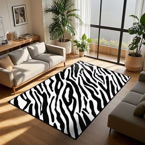 HOJOMACA Zebra-Teppich, niedlicher schwarz-weißer Druck, fusselfrei, pflegeleicht, für stark frequentierte Bereiche, Wohnzimmer, Schlafzimmer, Heimbüro, 1,2 x 1,8 m