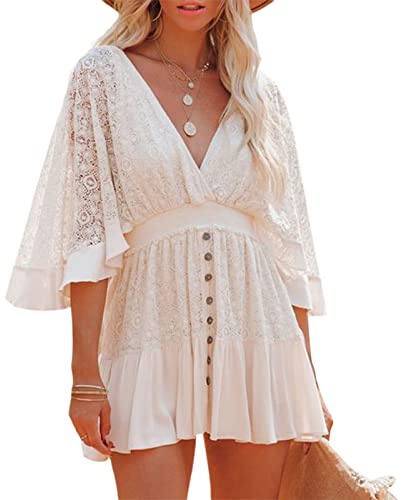 Women's Lace Crochet Romper Dress,Batwing Sleeve Backless Ruffle Dresses,Buttons Down Swing Beach Dress (White, M)