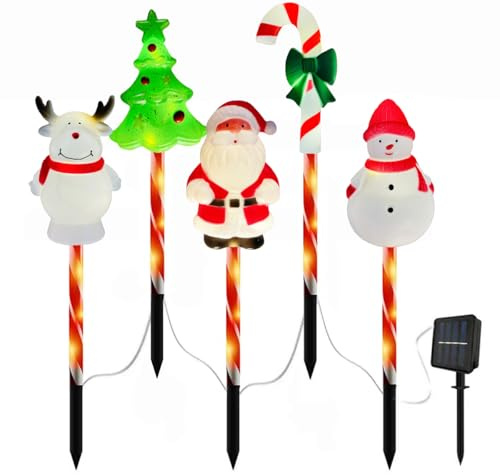 5 Stück Solar Lichterkette Außen Dekorationen, Weihnachts-Gartensteckleuchten 8 Modi Wasserdichte LED-Außenbeleuchtung mit Weihnachtsmann, Rentier, Schneemann, Baum und Zuckerstange (Weihnachten)