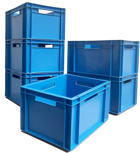 AUTORCE 6x 20L Heavy Duty Plastic Storage Boxes – Industrial Euro Stacking Containers 400x300x230(h) mm – Durable Stackable Crates for Tools, Garage, Warehouse, Home & Commercial Use (Blue)
