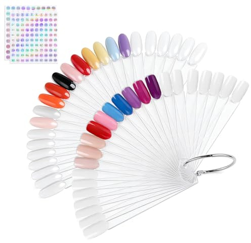 200 Pcs Nail Swatch Sticks, Clear Nail Art Tips Color Sticks for Nail Gel Polish Practice (100 Pcs Flat Nail Swatches + 100 Pcs Round, 1-200 Number Stickers)