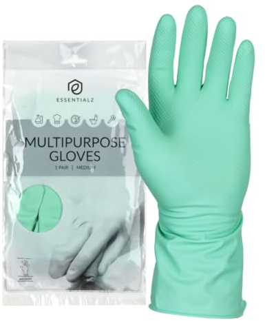 ABENA Essentialz Green Heavy Duty Latex Household Gloves, Medium 1 Pair | Reusable, Powder-Free, Flocklined, Extra Strong Dishwashing & Cleaning Gloves with Chemical & Microorganism Protection