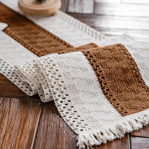Weldomcor Makramee Baumwollflachs Mesh Tischläufer Karamell 30x120cm | Rechteckige Abwaschbar Tischläufer mit Quasten, Boho Vintage Bauernhaus, Ideal für Küche Hochzeit Esszimmer Feierlichkeiten