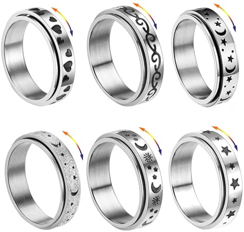 APMGONT 6 Stück Spinner Ring Damen Edelstahl Silber Ring Herren Damen Edelstahl Vintage Ringe Mond Stern Rollring Drehbarer Rings Partnerringe Trauringe für Frauen Männer (Silber Set-B, 57)