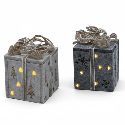 LED Filz Geschenkbox warm weiß inklusive Batterie - 2er Set - Beleuchtete Dekopäckchen zum Hängen oder Aufstellen batteriebetrieben - Weihnachten Advent Deko Geschenk Paket Tisch Aufsteller