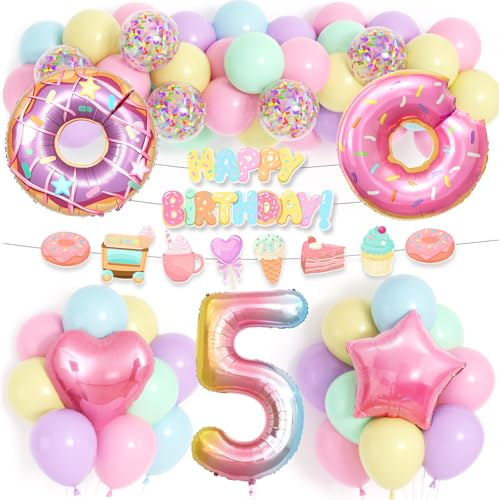 PtyPop 89 Pcs Decoration Anniversaire Donut Fille 3 4 5 6 Ans, Kit Arche Ballon Pastel Ballon Aluminium Coeur Donut Happy Birthday Decoration, Deco Anniversaire Donut Enfant Fille (5 Ans)