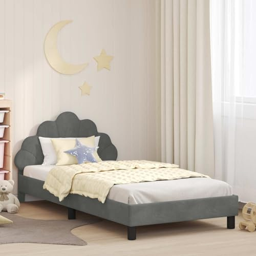 Ordellia Kinderbettgestell Dunkelgrau 90x200 cm aus Samt mit Kopfteil, Robustes Plattformbett für Schlafzimmer, langlebiges Einzelbett, kein Boxspring erforderlich