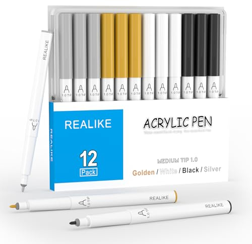 REALIKE Acryl Paint Markers Stifte für Stoff, Stein, Holz, Leinwand, Papier, Stein, Keramik, Glas und Kunstzubehör 1.0mm mittlere Spitzen Gold Silber Weiß Paint Marker Pen