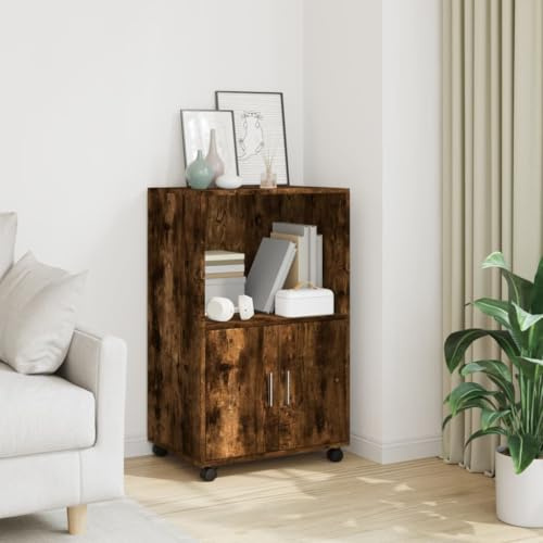 Mokuyary Armario con ruedas, roble ahumado, 55 x 40 x 91 cm, material de madera, archivador móvil con ruedas, mesa auxiliar para salón, oficina