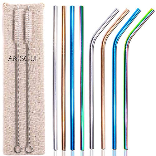 AniSqui Paquet de 8 - Pailles Réutilisables Colorées en Acier Inoxydable - Comprend 2 Longues Brosses de Nettoyage