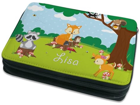 CreaDesign Kinder Federmäppchen mit (Wunsch) Namen, einzigartige Federtasche durch Personalisierung, Schulmäppchen - Motiv Waldtiere