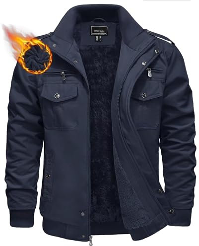 Kefitevd - Giacca da uomo imbottita in pile, per autunno e inverno, con molte tasche, stile retrò, con colletto alto, stile esercito, Blu scuro, M