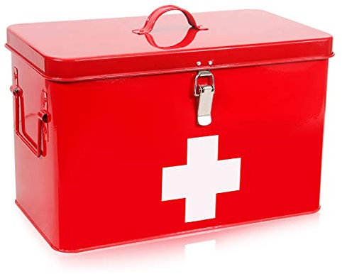 ZSH Erste-Hilfe-Box/Medizin-Aufbewahrungsbehälter mit Deckeln/tragbarer Medizin-Schrank, for Haus, Reisen Arbeitsplatz, Rot, Metall (Size : M)