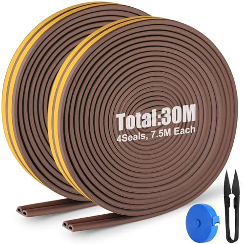 YOMAIS Tira de sellado autoadhesiva anticolisión,30 metros de largo(4×7.5m), 1 tijera y 1 cinta métrica como regalo, utilizada para bloquear grietas y huecos en puertas o ventanas, marrón