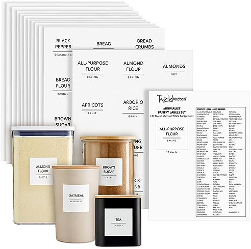 Talented Kitchen 144 Pantry Labels for Containers, Food Storage - Preprinted Black All-Caps on Matte White Vinyl Stickers for Minimalist Style Kitchen (Water Resistant)