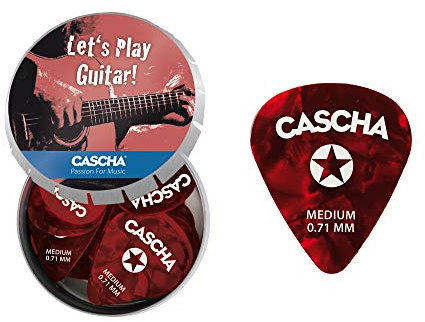 Cascha Gitarren-Plektrum Medium 24 Stück I hochwertiges Plektren-Set aus robustem & griffigem Celluloid - inkl. praktischer Plektrum-Aufbewahrungs-Box I 0,71 mm Medium Plektron rot 24 Stück